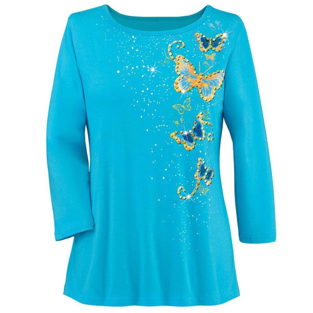 New XXL Turquoise Cascading Butterflies Sparkling Sequin 3/4 Sleeves Knit Top